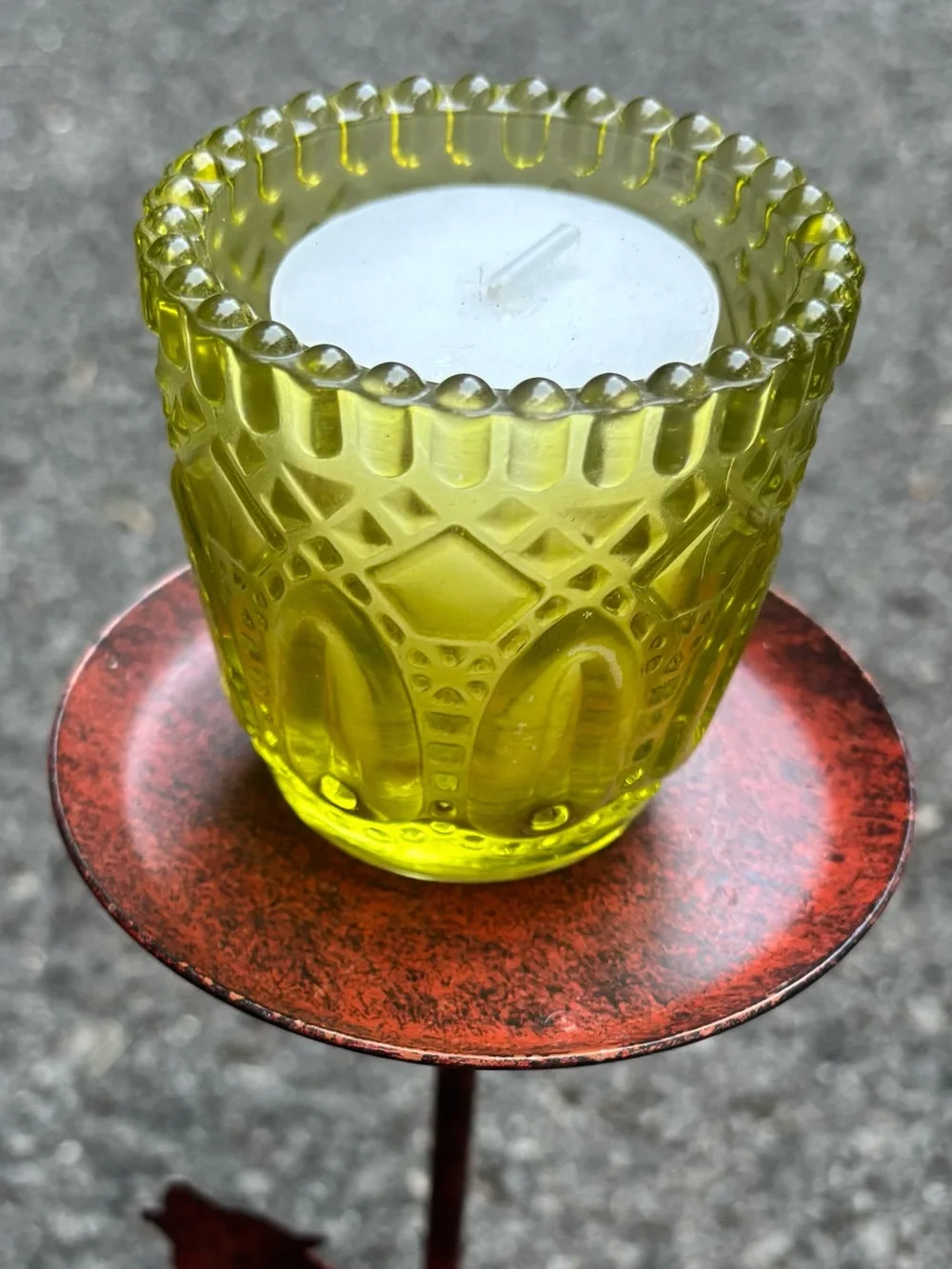 Green Pressed Glass Votive Holder on Rustic Wolf Stand